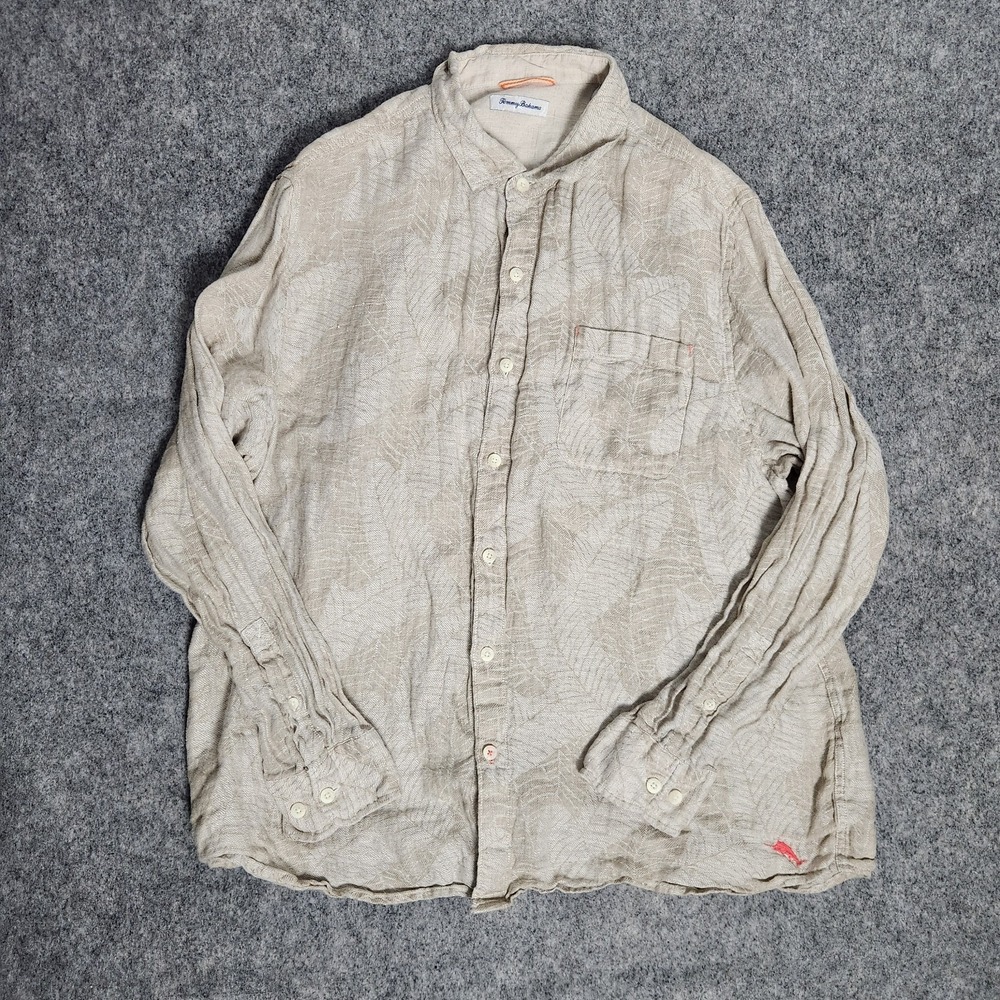 Tommy Bahama Linen Hawaiian Shirt Men 2XL XXL Floral Print Beige Vacation Beach‎